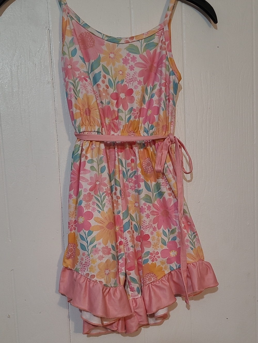 Clover Cottage Pink Floral Romper with Tie Waist Girls 7/8